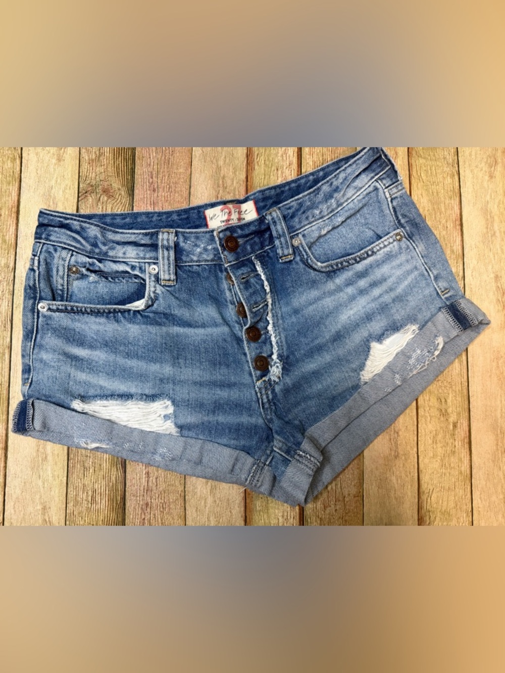 We The Free Light Blue Distressed Button-Fly Denim Shorts